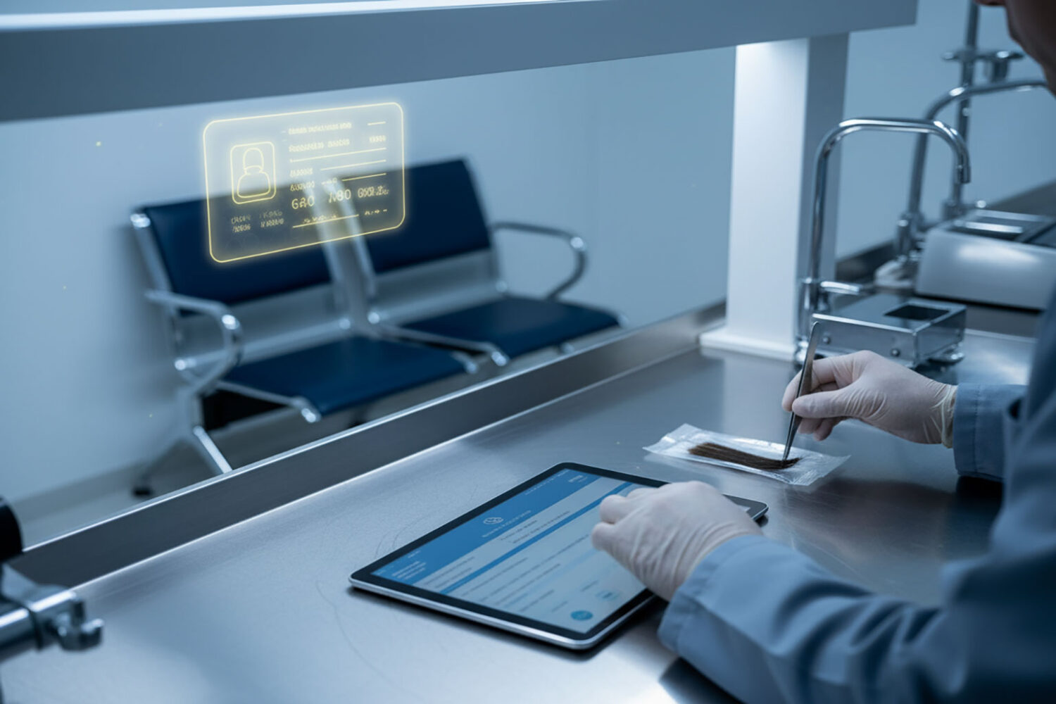 Ilustração editorial em estilo gráfico: pessoa em jaleco em um laboratório, analisando amostras em equipamento de teste; elementos simbólicos como tubos, gráficos abstratos e uma prancheta; fundo com estrada estilizada em tons planos; cores contrastantes (azul petróleo, laranja queimado e cinza)