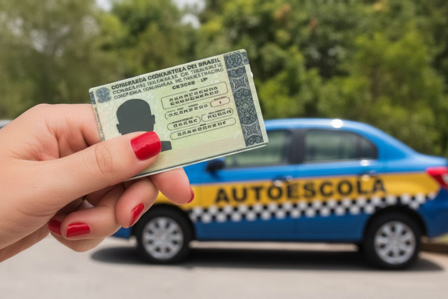 Mão feminina segurando a CNH. No fundo, desfocado, um carro azul de uma Autoescola.